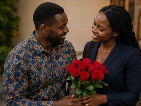 A happy Africa couple holding a bunch of roses together 